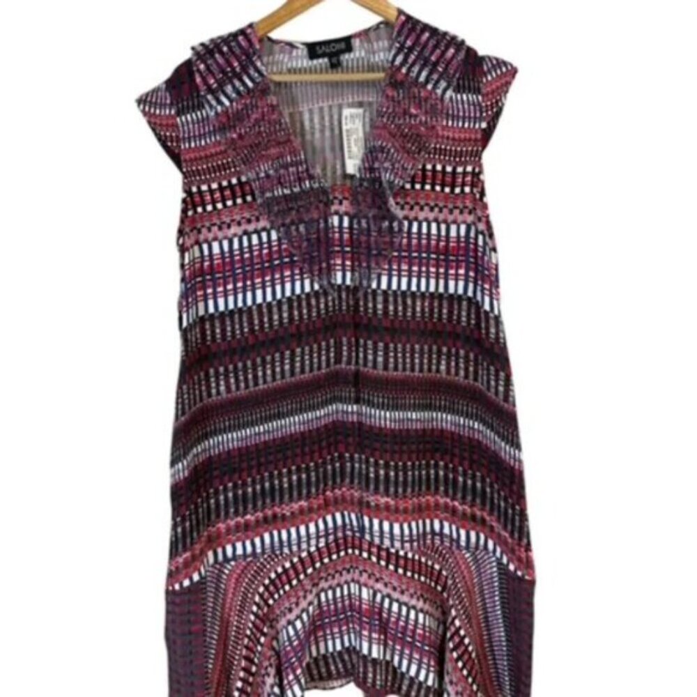 Saloni Geometric Print Ruffle V-Neck Mini Dress Red Multi Size US 10 NEW